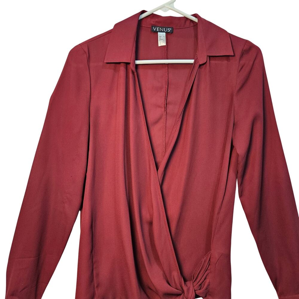 Venus Burgundy Long Sleeve Wrap Crop Top Side Tie Collar Button Sleeves Size 2